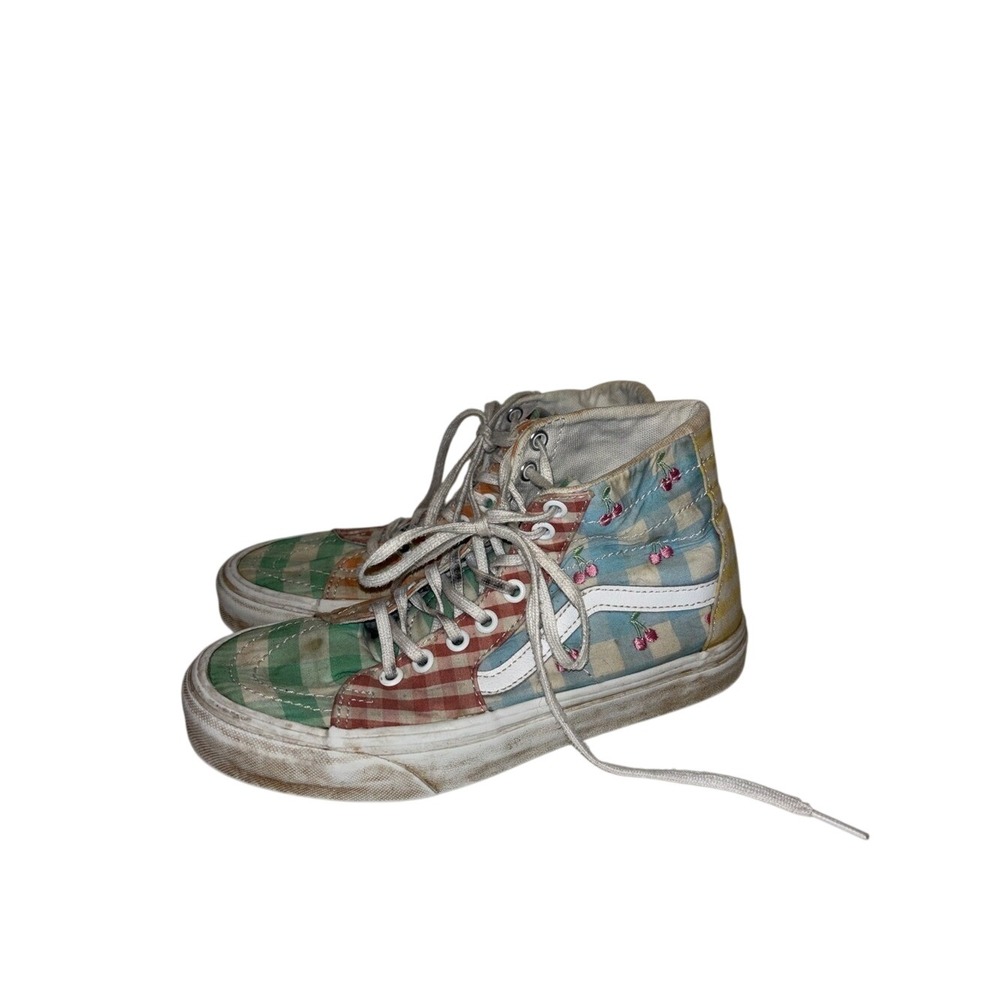 Vans High-Top Checkerboard Cherry Print Sneakers Blue green patchwork sz 7 women